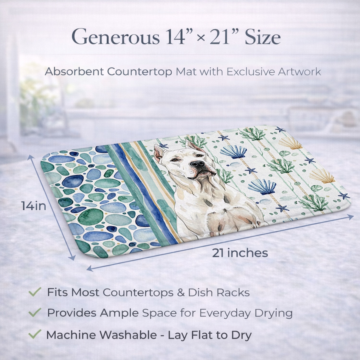 Picture of Carolines Treasures WDK7010DDM 21 x 14 in. Dogo Argentino Coastal Sea Glass Dish Drying Mat