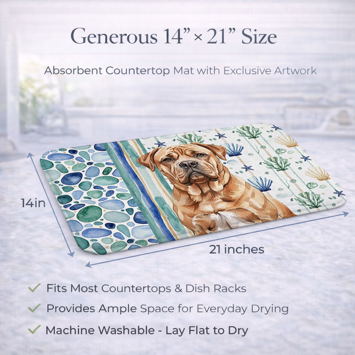 Picture of Carolines Treasures WDK7011DDM 21 x 14 in. Dogue De Bordeaux Coastal Sea Glass Dish Drying Mat