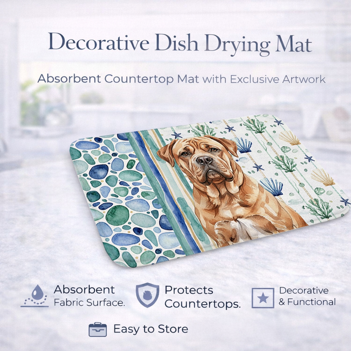 Picture of Carolines Treasures WDK7011DDM 21 x 14 in. Dogue De Bordeaux Coastal Sea Glass Dish Drying Mat