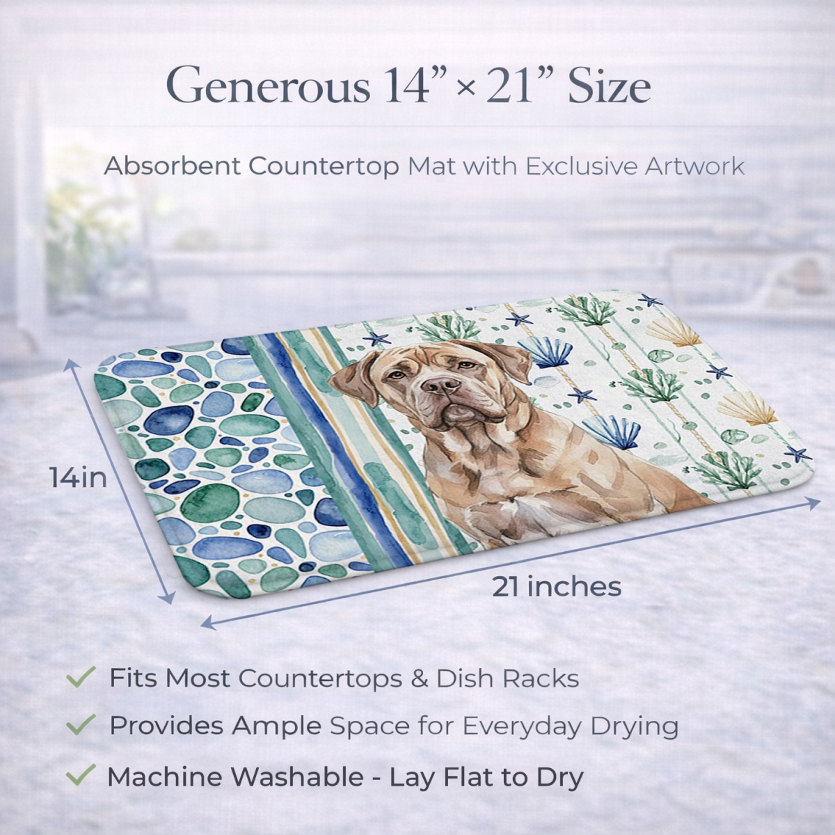 Picture of Carolines Treasures WDK7012DDM 21 x 14 in. Isabella Dogue De Bordeaux Coastal Sea Glass Dish Drying Mat