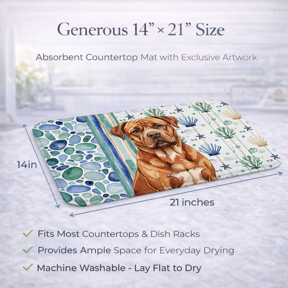 Picture of Carolines Treasures WDK7013DDM 21 x 14 in. Mahogany Dogue De Bordeaux Coastal Sea Glass Dish Drying Mat
