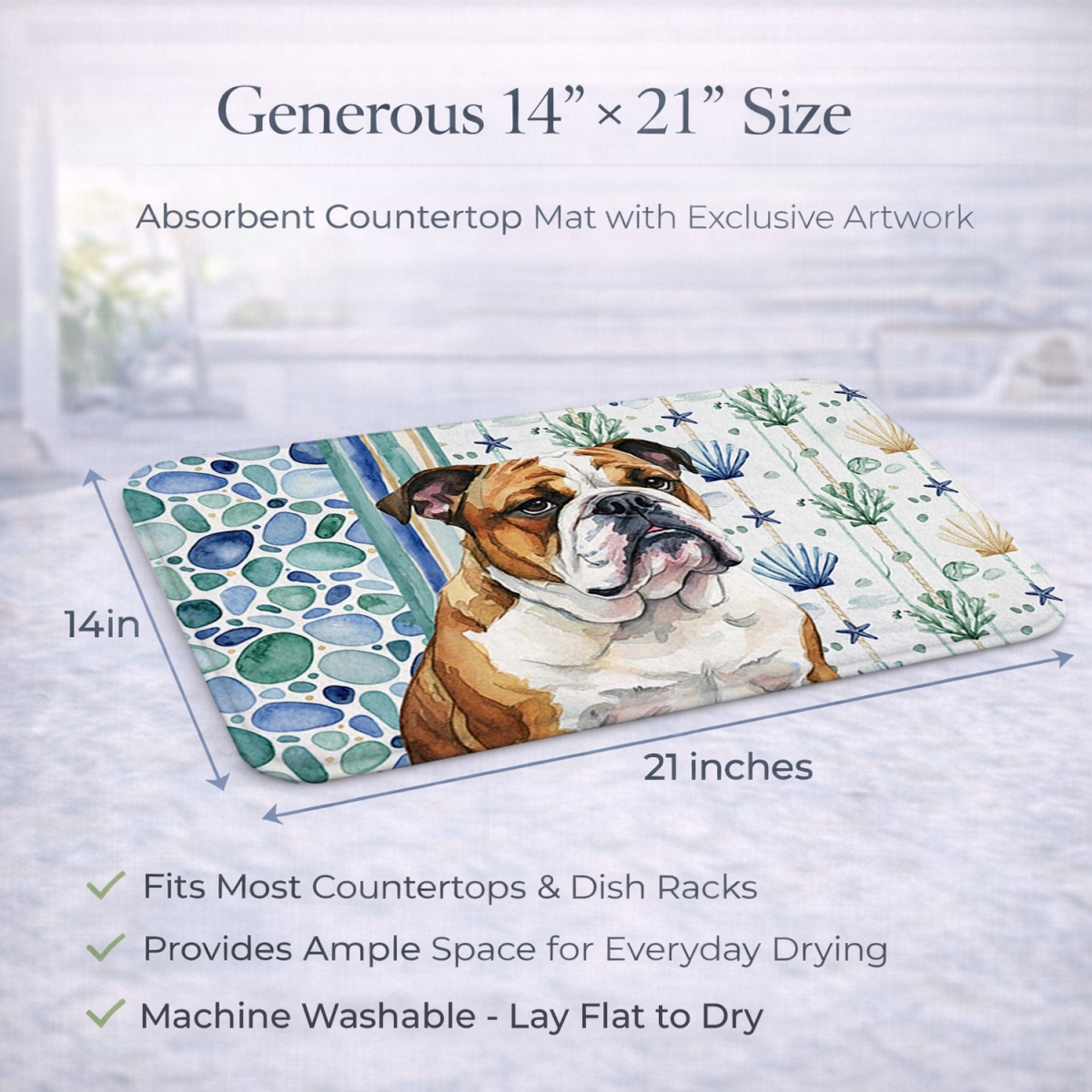 Picture of Carolines Treasures WDK7014DDM 21 x 14 in. Brindle & White English Bulldog Coastal Sea Glass Dish Drying Mat
