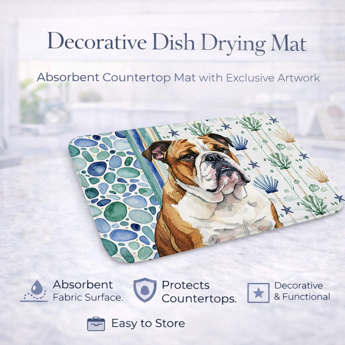 Picture of Carolines Treasures WDK7014DDM 21 x 14 in. Brindle & White English Bulldog Coastal Sea Glass Dish Drying Mat