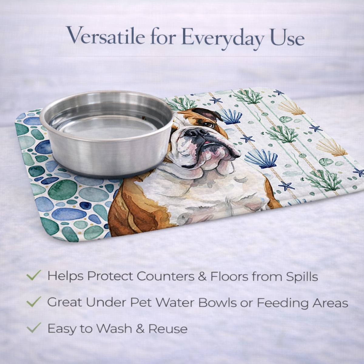 Picture of Carolines Treasures WDK7014DDM 21 x 14 in. Brindle & White English Bulldog Coastal Sea Glass Dish Drying Mat