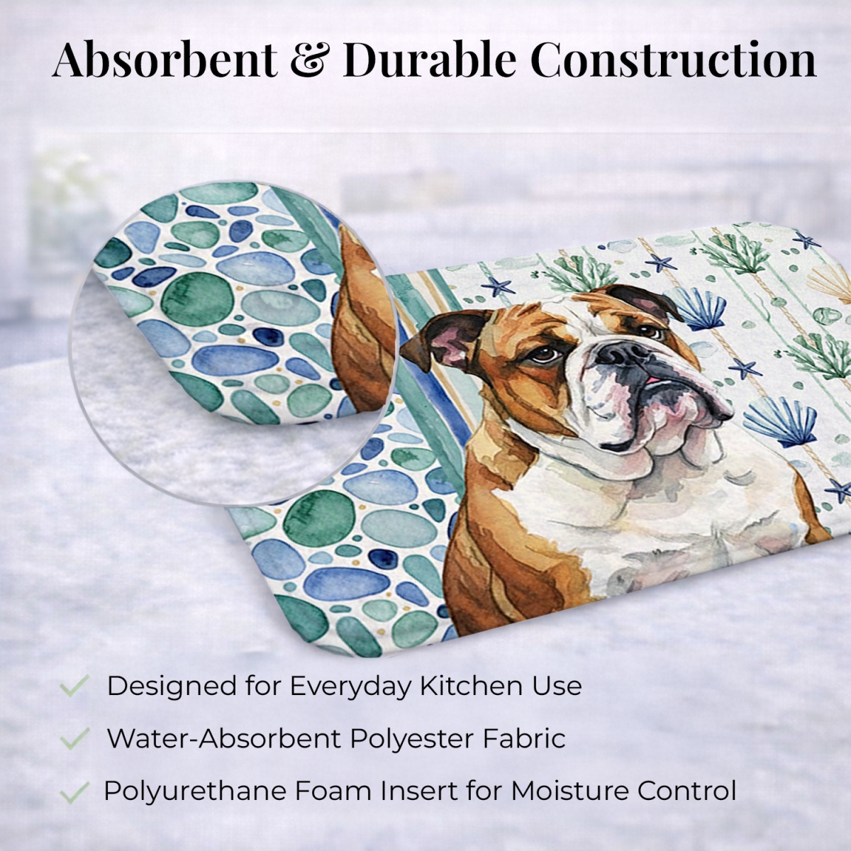 Picture of Carolines Treasures WDK7014DDM 21 x 14 in. Brindle & White English Bulldog Coastal Sea Glass Dish Drying Mat