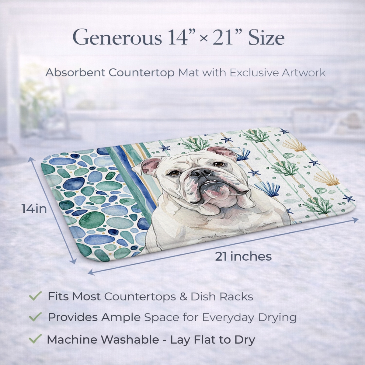 Picture of Carolines Treasures WDK7015DDM 21 x 14 in. White English Bulldog Coastal Sea Glass Dish Drying Mat