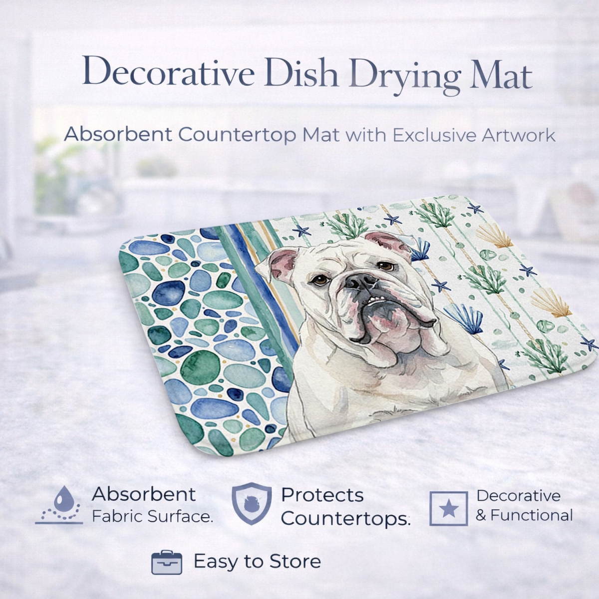 Picture of Carolines Treasures WDK7015DDM 21 x 14 in. White English Bulldog Coastal Sea Glass Dish Drying Mat