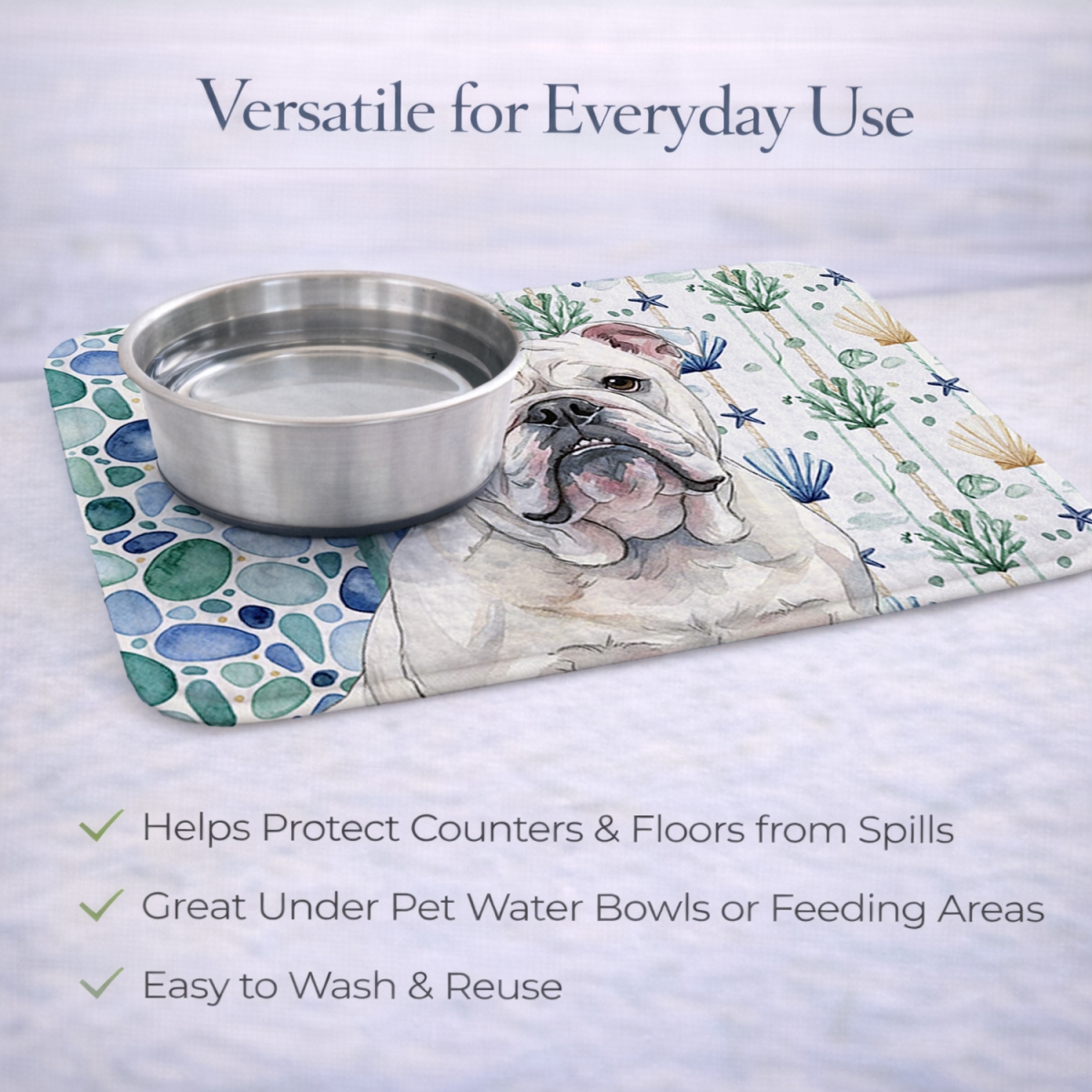 Picture of Carolines Treasures WDK7015DDM 21 x 14 in. White English Bulldog Coastal Sea Glass Dish Drying Mat