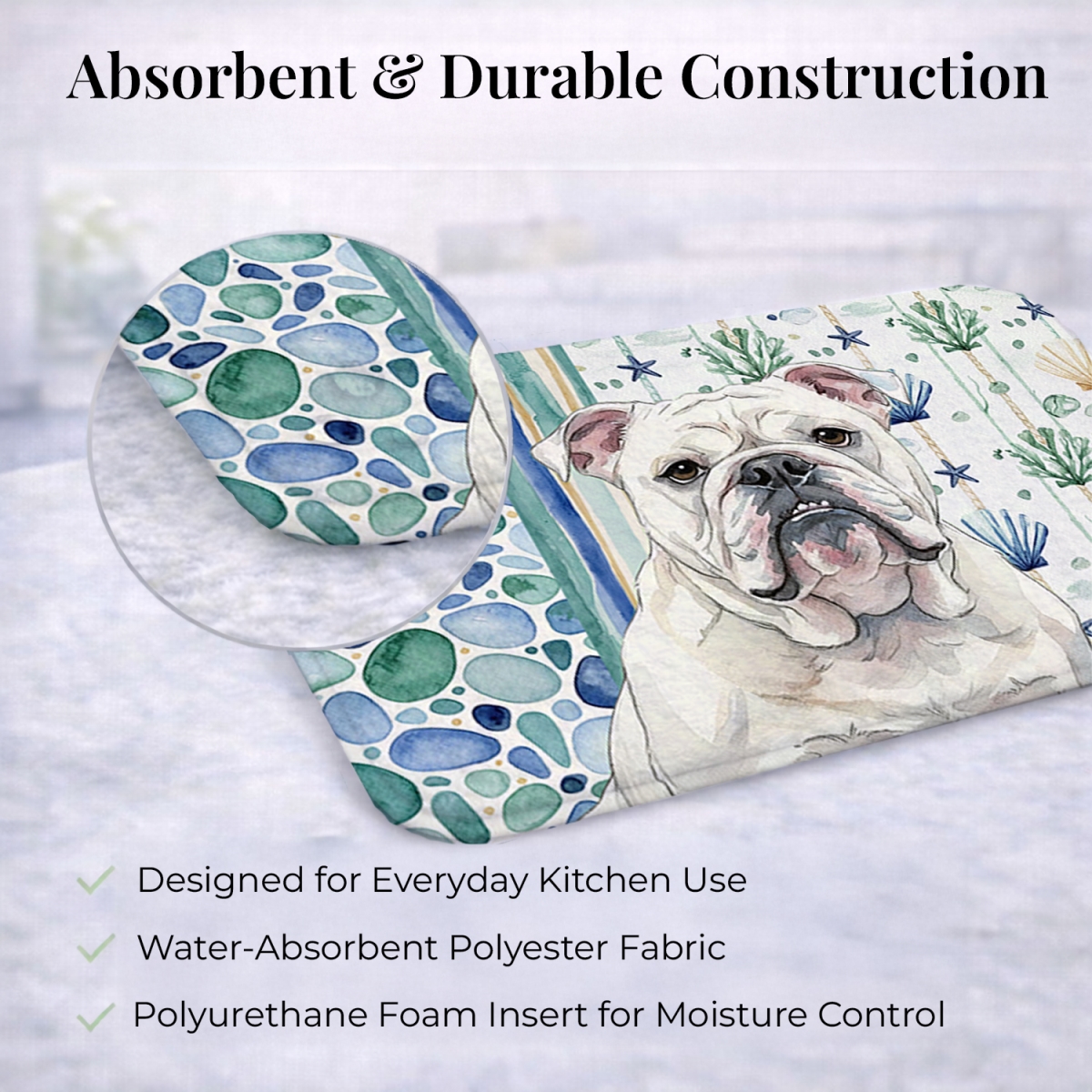 Picture of Carolines Treasures WDK7015DDM 21 x 14 in. White English Bulldog Coastal Sea Glass Dish Drying Mat