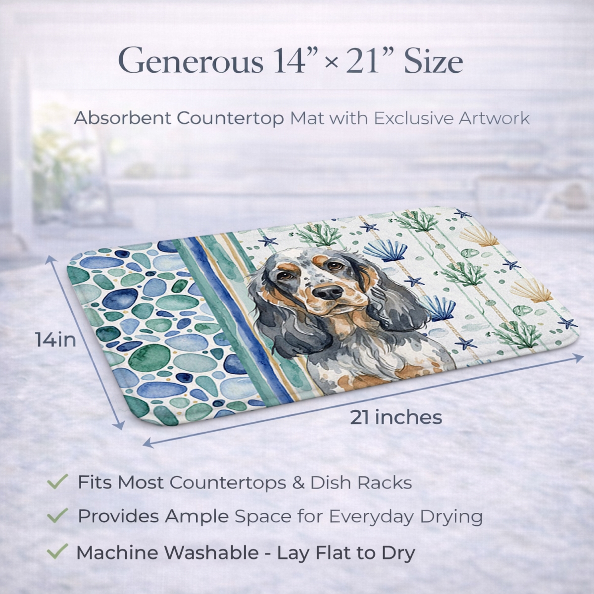 Picture of Carolines Treasures WDK7017DDM 21 x 14 in. Blue Roan & Tan English Cocker Spaniel Coastal Sea Glass Dish Drying Mat