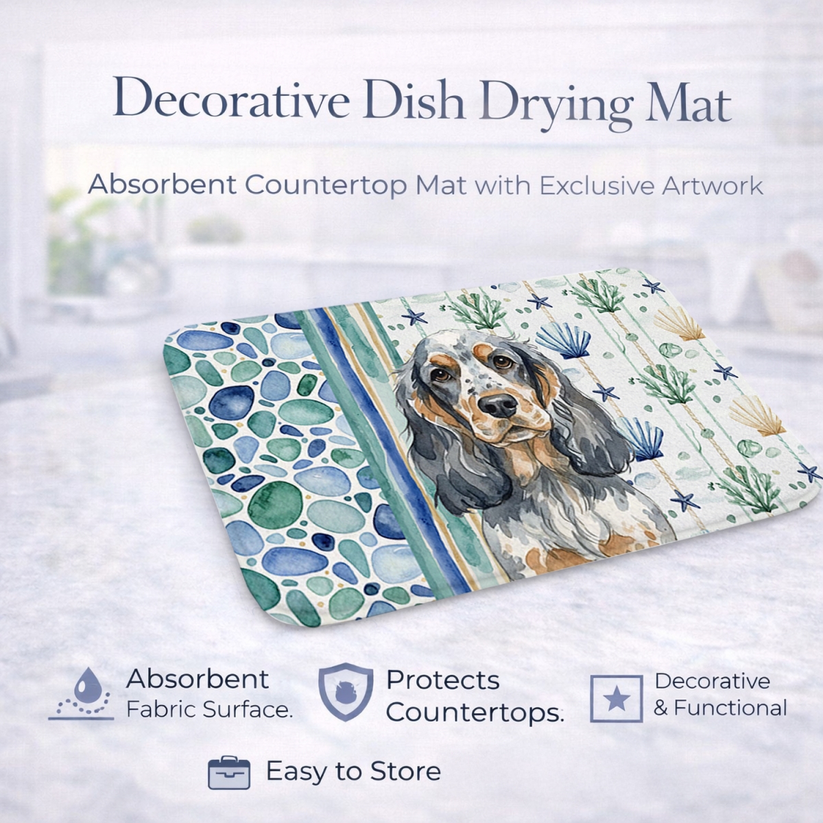 Picture of Carolines Treasures WDK7017DDM 21 x 14 in. Blue Roan & Tan English Cocker Spaniel Coastal Sea Glass Dish Drying Mat