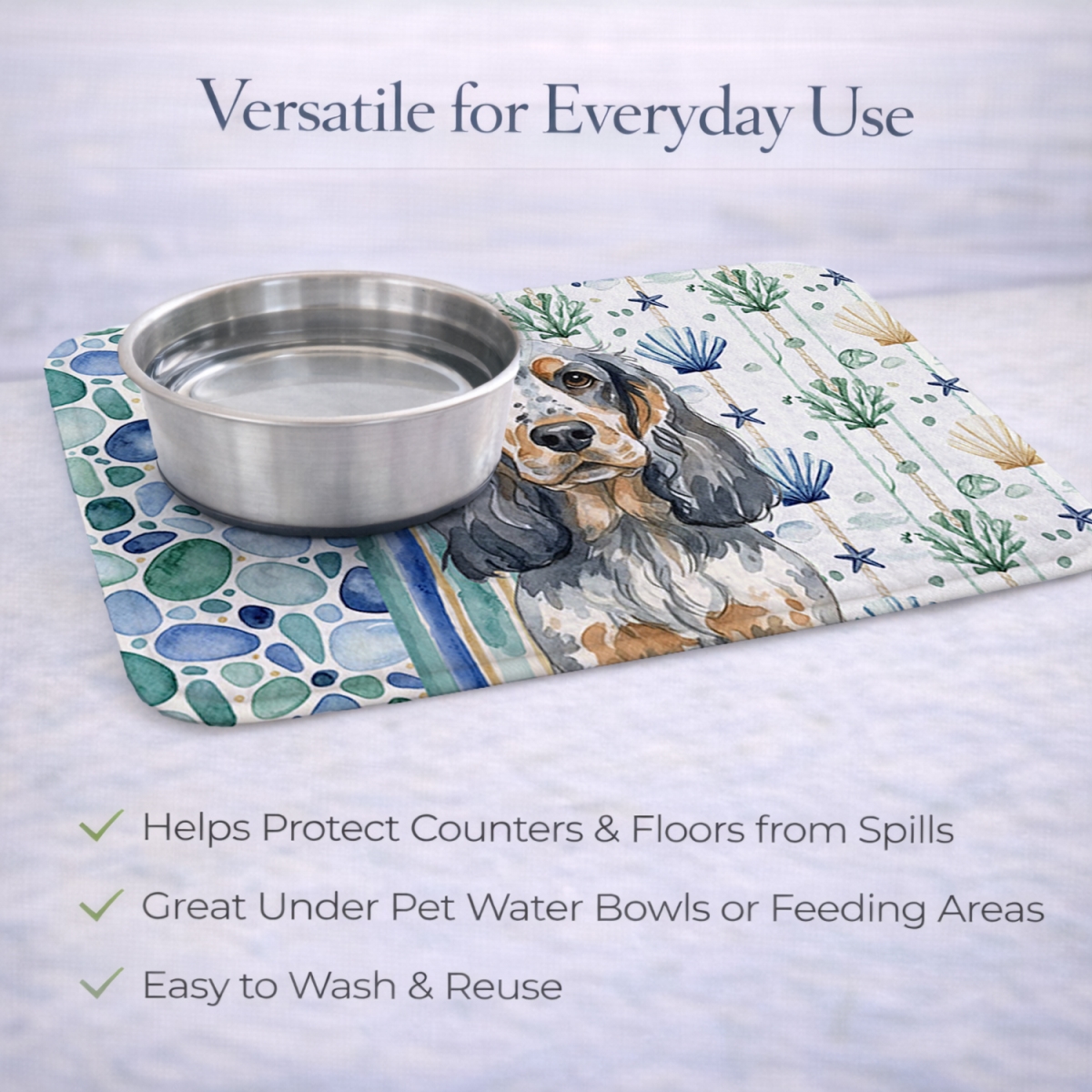 Picture of Carolines Treasures WDK7017DDM 21 x 14 in. Blue Roan & Tan English Cocker Spaniel Coastal Sea Glass Dish Drying Mat