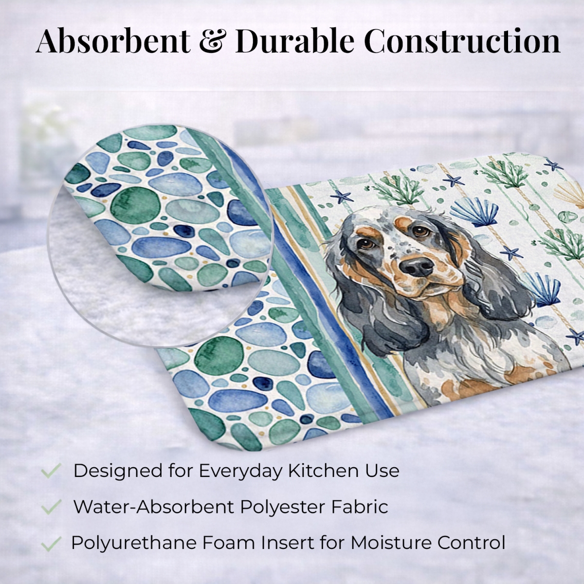 Picture of Carolines Treasures WDK7017DDM 21 x 14 in. Blue Roan & Tan English Cocker Spaniel Coastal Sea Glass Dish Drying Mat