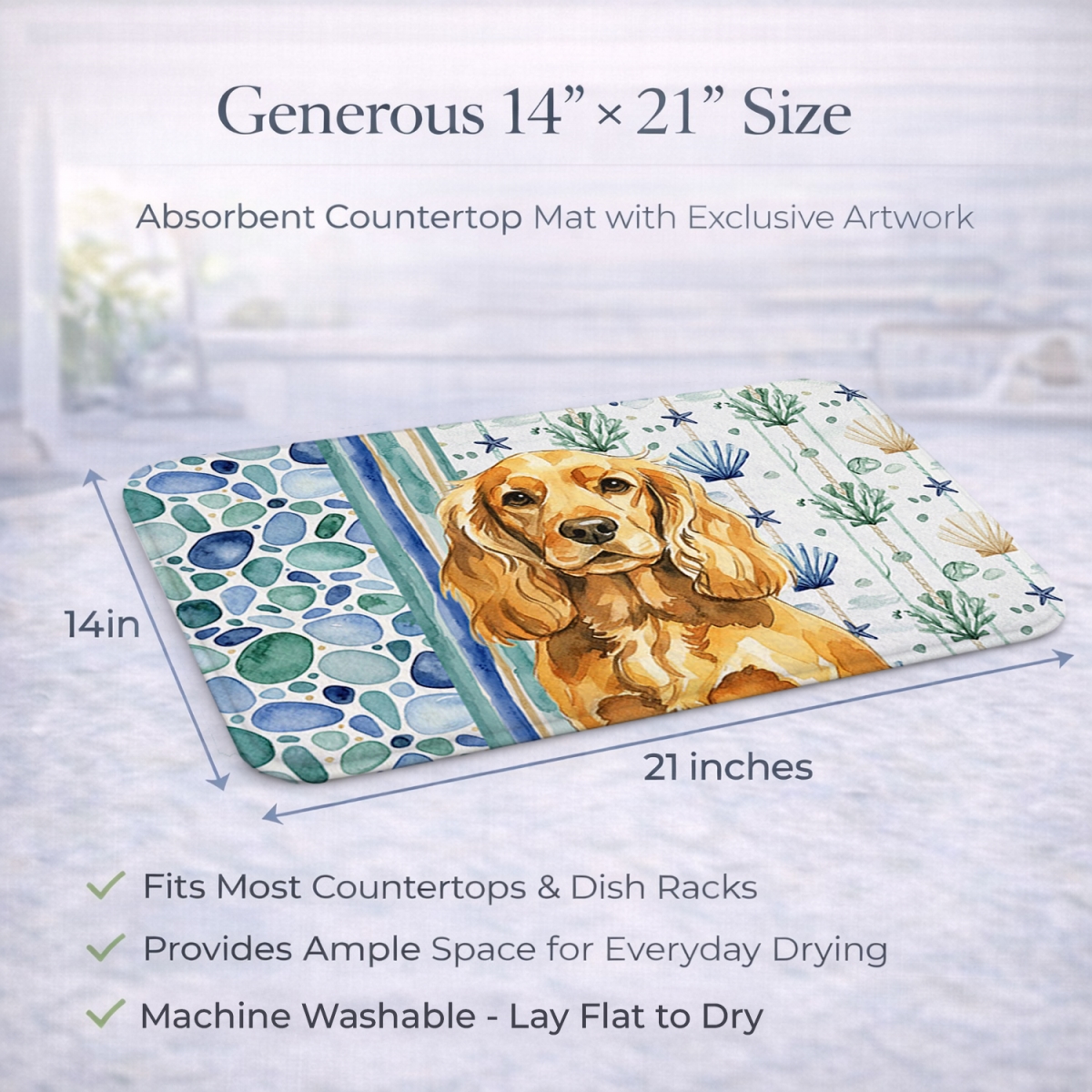 Picture of Carolines Treasures WDK7018DDM 21 x 14 in. Golden English Cocker Spaniel Coastal Sea Glass Dish Drying Mat