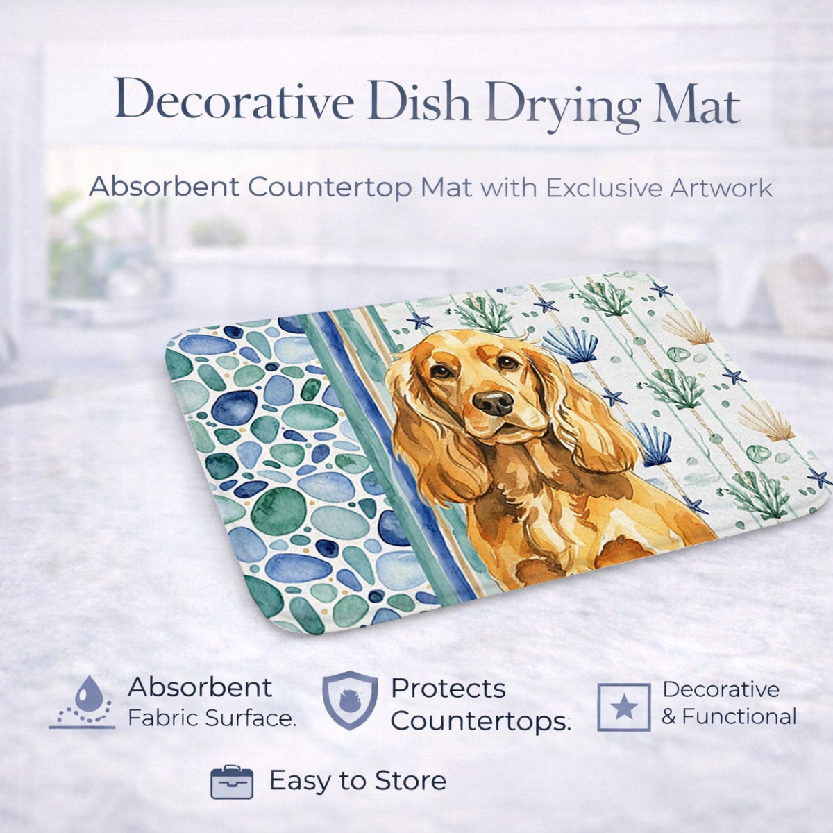Picture of Carolines Treasures WDK7018DDM 21 x 14 in. Golden English Cocker Spaniel Coastal Sea Glass Dish Drying Mat