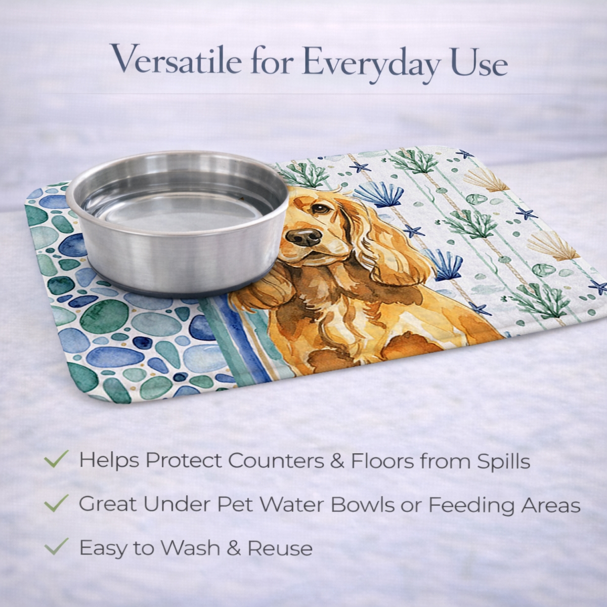 Picture of Carolines Treasures WDK7018DDM 21 x 14 in. Golden English Cocker Spaniel Coastal Sea Glass Dish Drying Mat