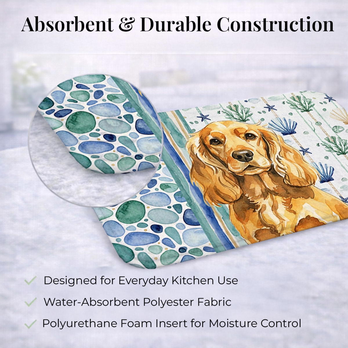 Picture of Carolines Treasures WDK7018DDM 21 x 14 in. Golden English Cocker Spaniel Coastal Sea Glass Dish Drying Mat