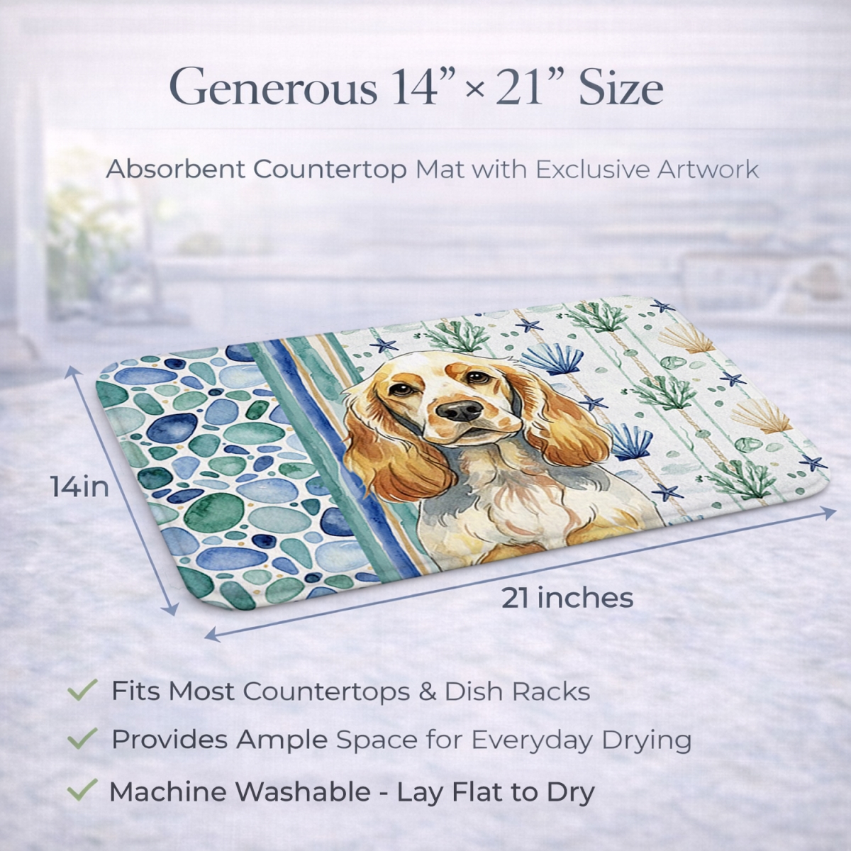 Picture of Carolines Treasures WDK7019DDM 21 x 14 in. Lemon Roan English Cocker Spaniel Coastal Sea Glass Dish Drying Mat