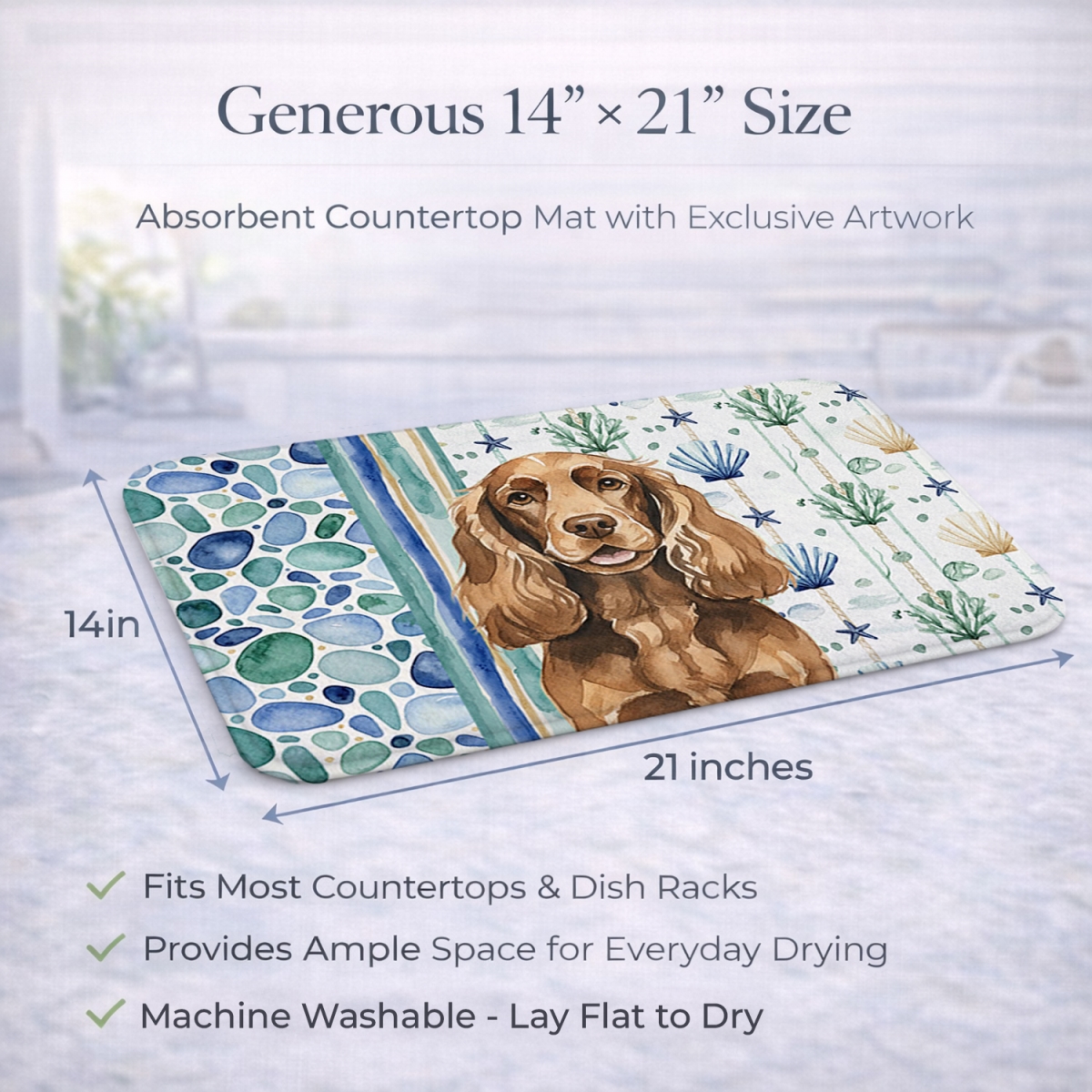 Picture of Carolines Treasures WDK7020DDM 21 x 14 in. Liver English Cocker Spaniel Coastal Sea Glass Dish Drying Mat