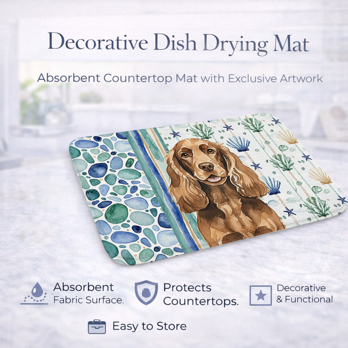 Picture of Carolines Treasures WDK7020DDM 21 x 14 in. Liver English Cocker Spaniel Coastal Sea Glass Dish Drying Mat