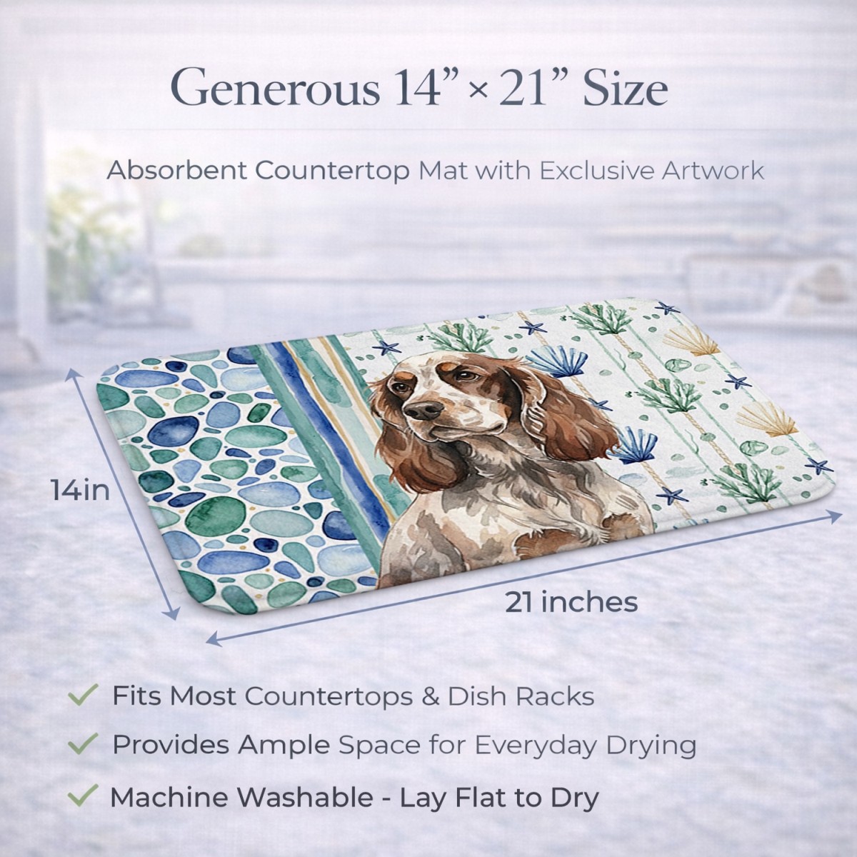 Picture of Carolines Treasures WDK7021DDM 21 x 14 in. Liver Roan English Cocker Spaniel Coastal Sea Glass Dish Drying Mat