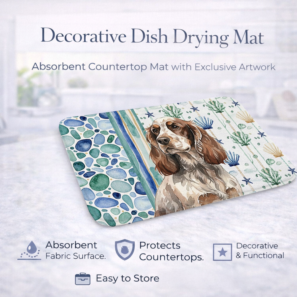 Picture of Carolines Treasures WDK7021DDM 21 x 14 in. Liver Roan English Cocker Spaniel Coastal Sea Glass Dish Drying Mat