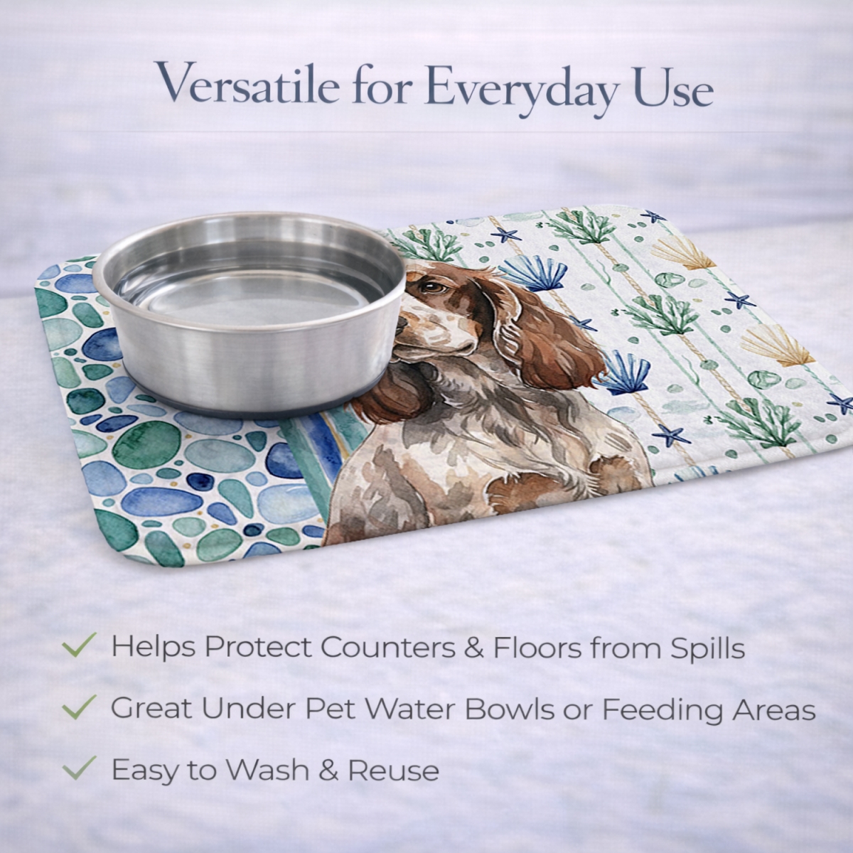 Picture of Carolines Treasures WDK7021DDM 21 x 14 in. Liver Roan English Cocker Spaniel Coastal Sea Glass Dish Drying Mat