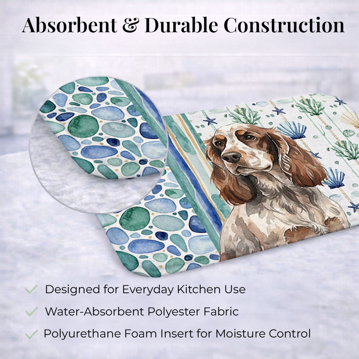 Picture of Carolines Treasures WDK7021DDM 21 x 14 in. Liver Roan English Cocker Spaniel Coastal Sea Glass Dish Drying Mat