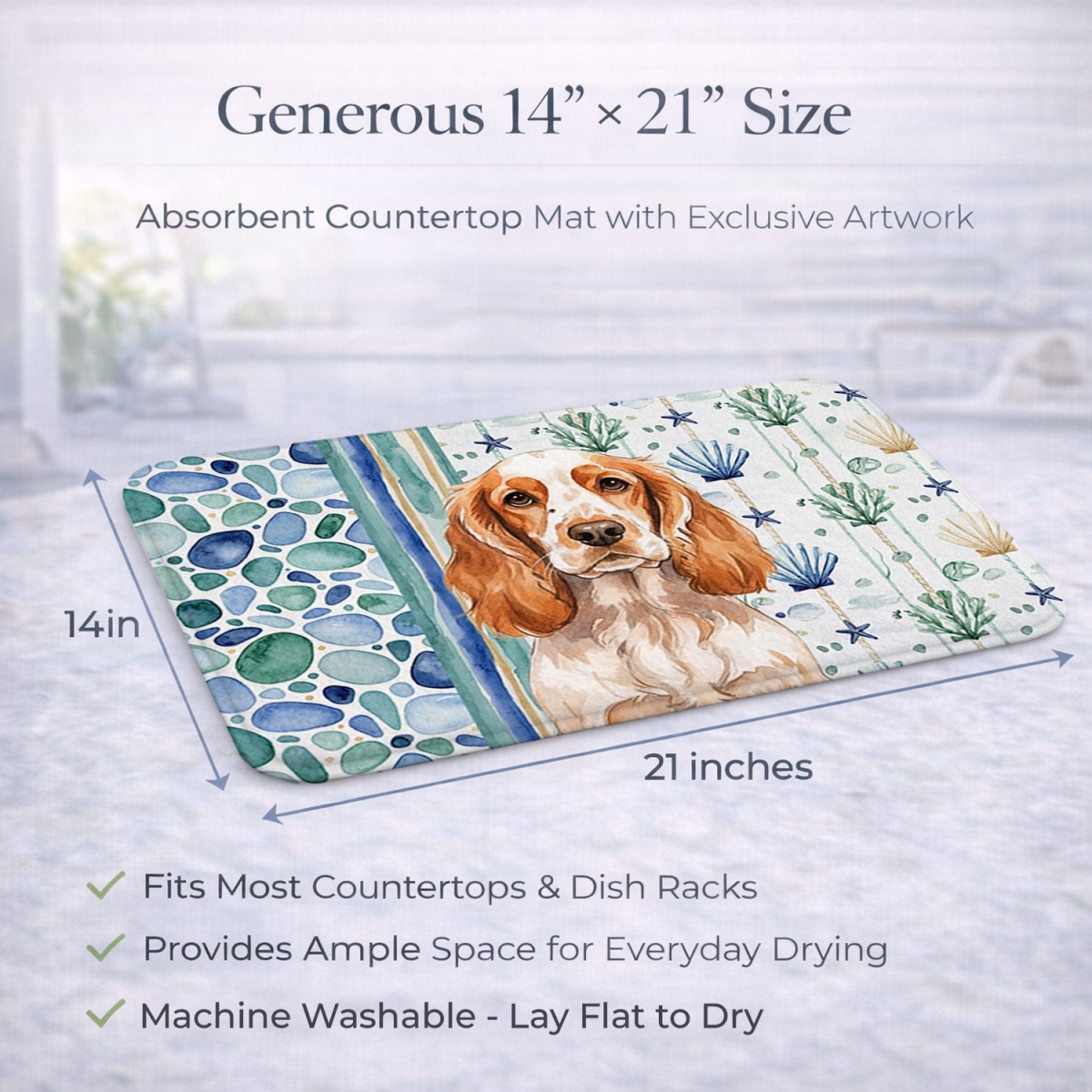 Picture of Carolines Treasures WDK7022DDM 21 x 14 in. Orange Roan English Cocker Spaniel Coastal Sea Glass Dish Drying Mat