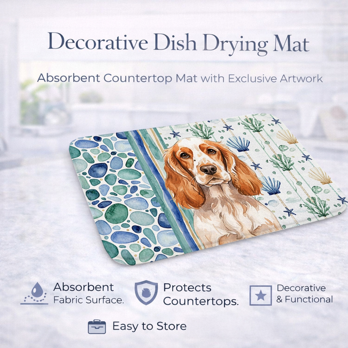 Picture of Carolines Treasures WDK7022DDM 21 x 14 in. Orange Roan English Cocker Spaniel Coastal Sea Glass Dish Drying Mat