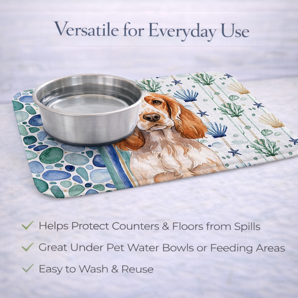 Picture of Carolines Treasures WDK7022DDM 21 x 14 in. Orange Roan English Cocker Spaniel Coastal Sea Glass Dish Drying Mat