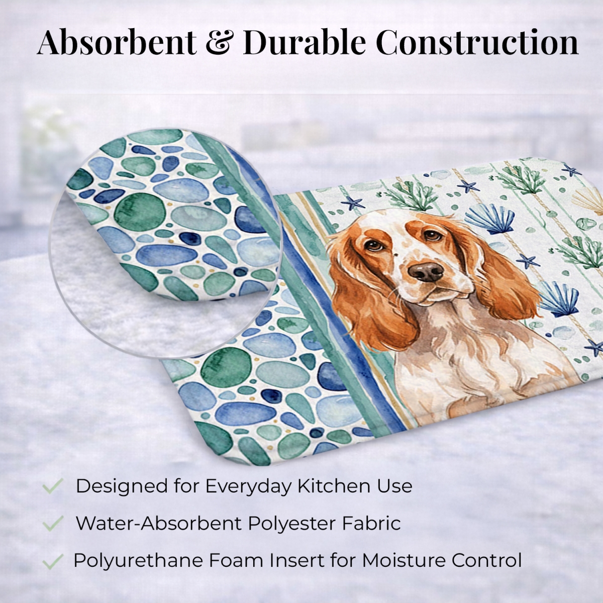Picture of Carolines Treasures WDK7022DDM 21 x 14 in. Orange Roan English Cocker Spaniel Coastal Sea Glass Dish Drying Mat