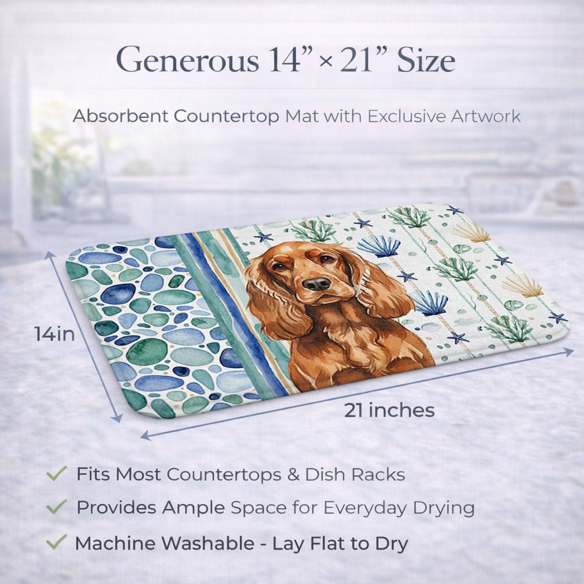 Picture of Carolines Treasures WDK7023DDM 21 x 14 in. Red English Cocker Spaniel Coastal Sea Glass Dish Drying Mat