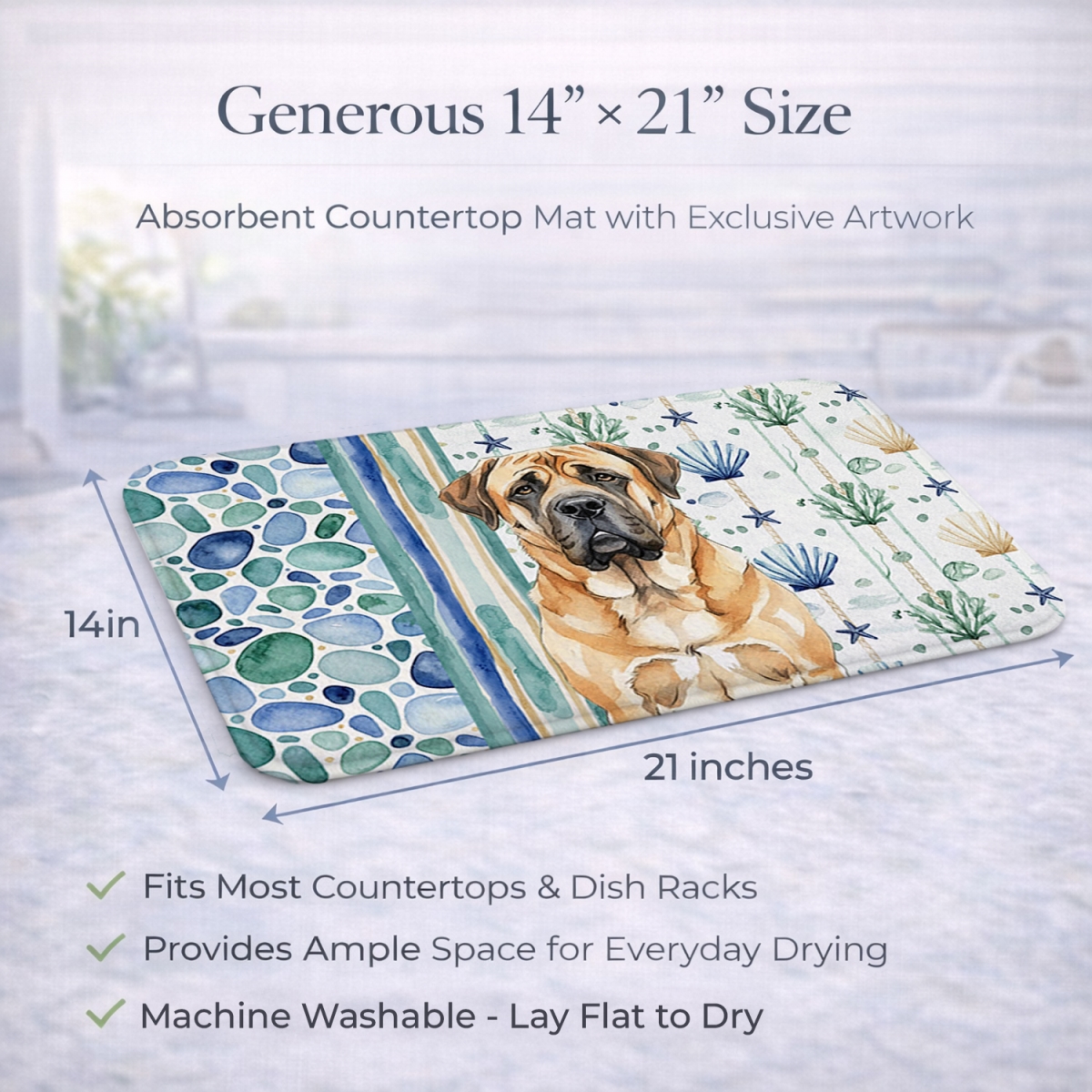 Picture of Carolines Treasures WDK7024DDM 21 x 14 in. Apricot English Mastiff Coastal Sea Glass Dish Drying Mat