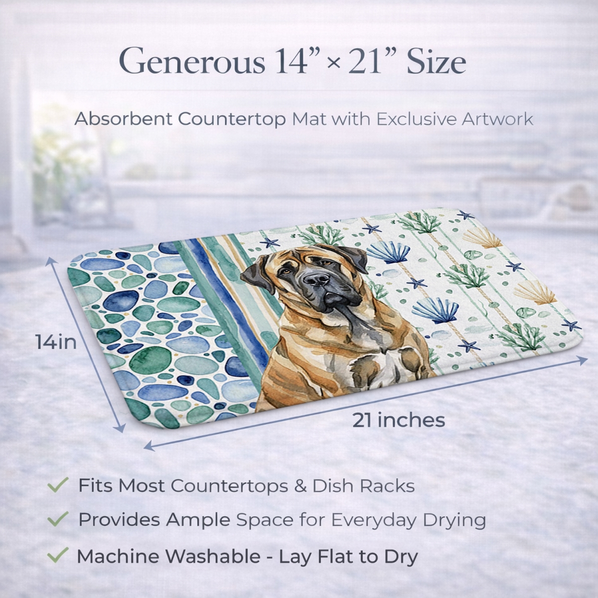 Picture of Carolines Treasures WDK7025DDM 21 x 14 in. Brindle English Mastiff Coastal Sea Glass Dish Drying Mat