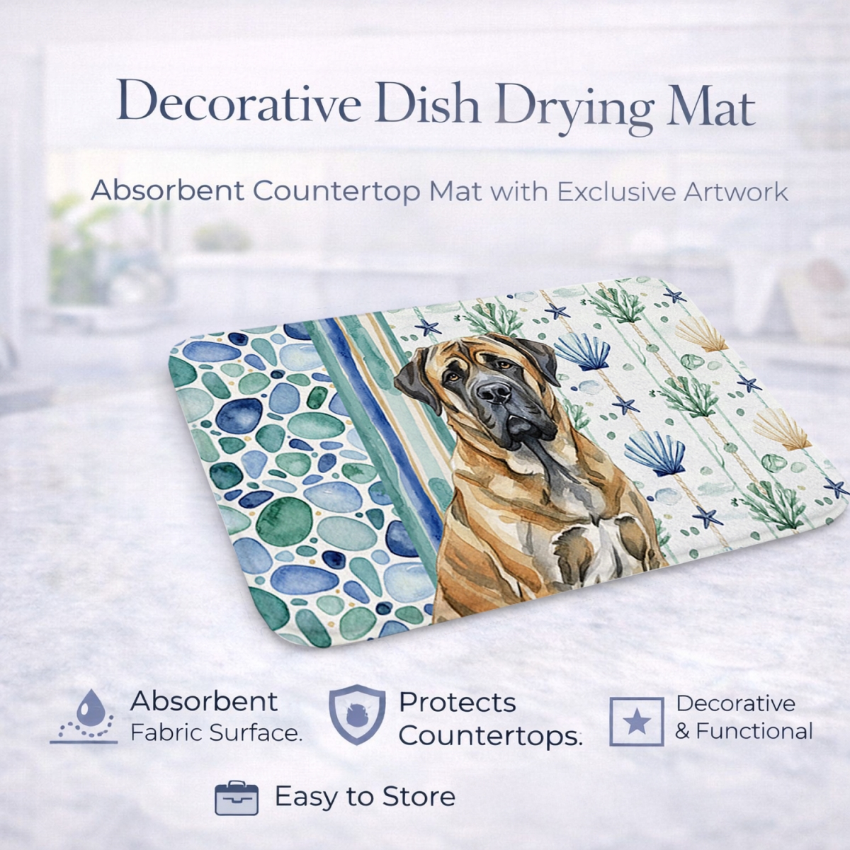 Picture of Carolines Treasures WDK7025DDM 21 x 14 in. Brindle English Mastiff Coastal Sea Glass Dish Drying Mat