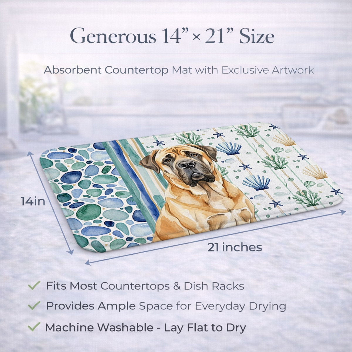 Picture of Carolines Treasures WDK7026DDM 21 x 14 in. Fawn English Mastiff Coastal Sea Glass Dish Drying Mat