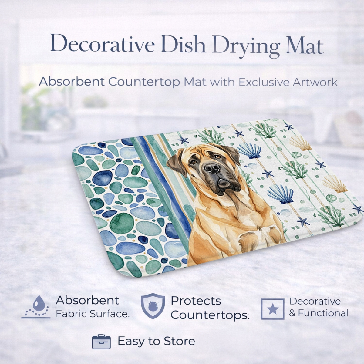 Picture of Carolines Treasures WDK7026DDM 21 x 14 in. Fawn English Mastiff Coastal Sea Glass Dish Drying Mat