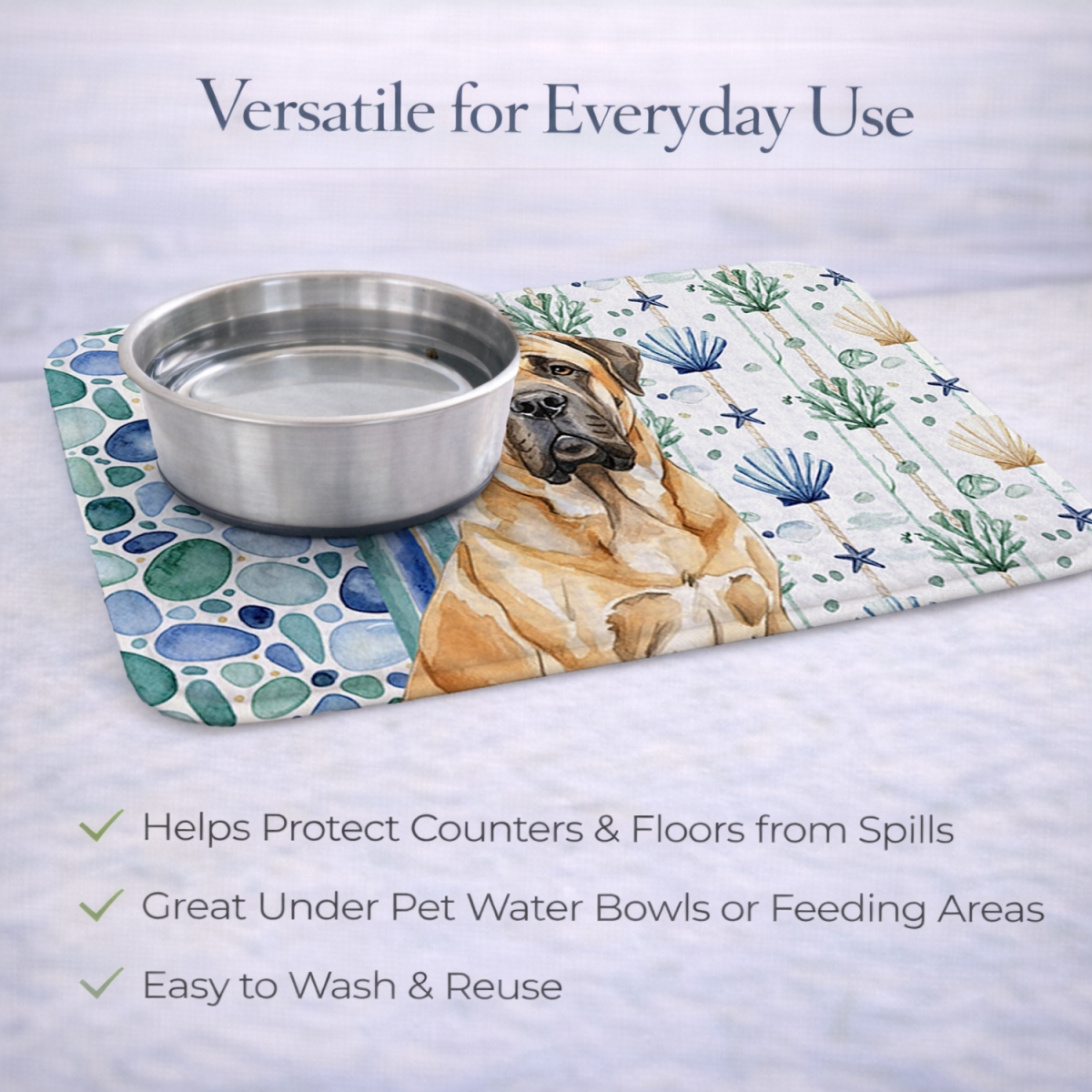 Picture of Carolines Treasures WDK7026DDM 21 x 14 in. Fawn English Mastiff Coastal Sea Glass Dish Drying Mat