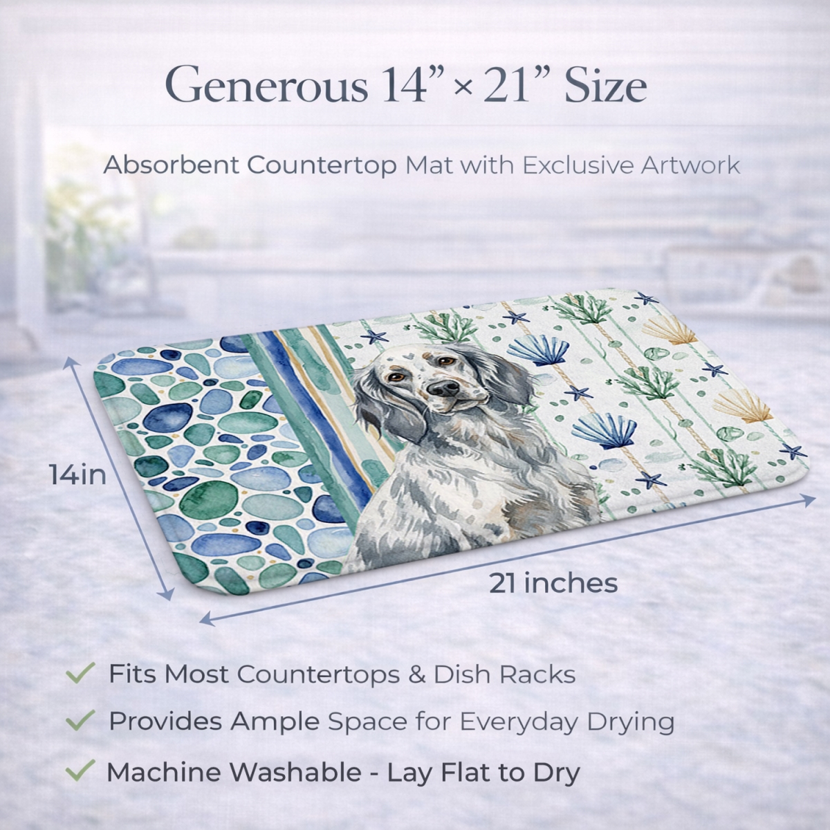 Picture of Carolines Treasures WDK7027DDM 21 x 14 in. Blue Belton English Setter Coastal Sea Glass Dish Drying Mat