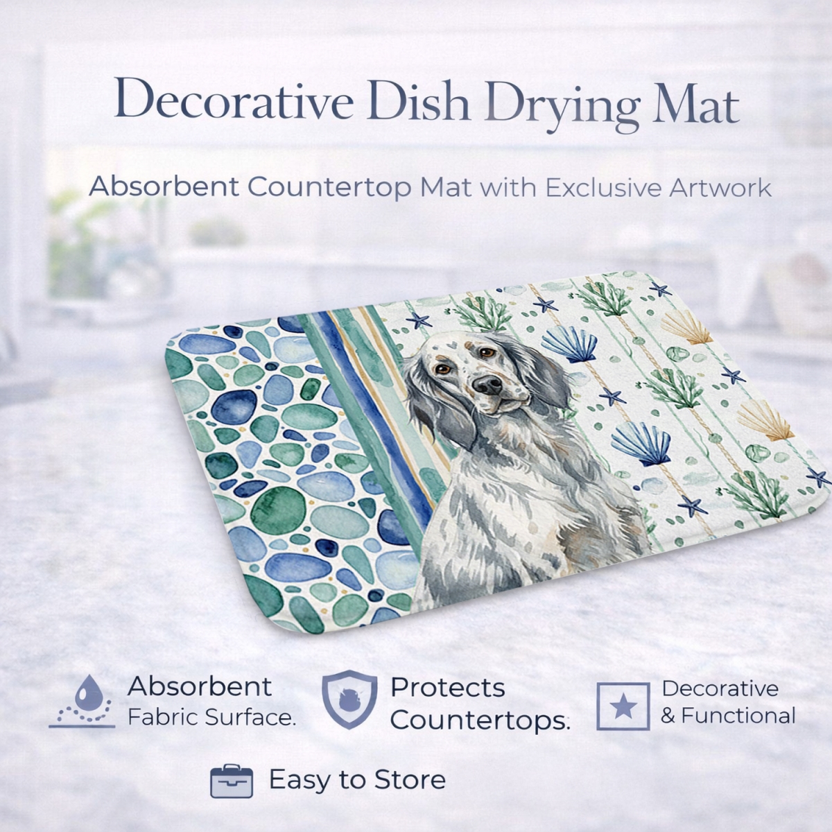 Picture of Carolines Treasures WDK7027DDM 21 x 14 in. Blue Belton English Setter Coastal Sea Glass Dish Drying Mat