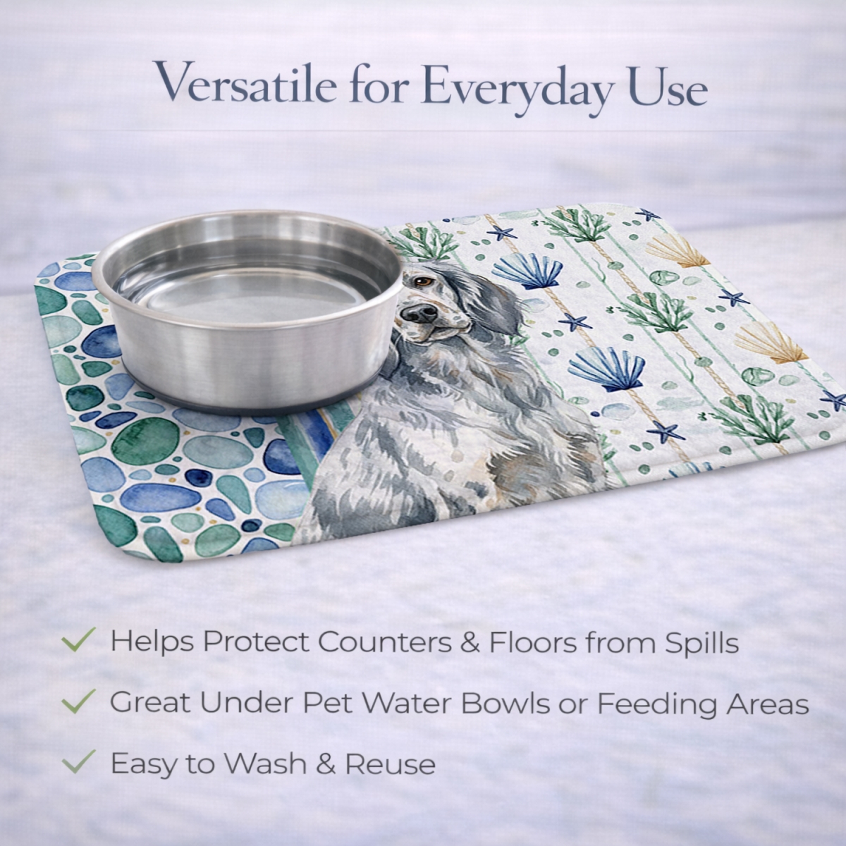 Picture of Carolines Treasures WDK7027DDM 21 x 14 in. Blue Belton English Setter Coastal Sea Glass Dish Drying Mat