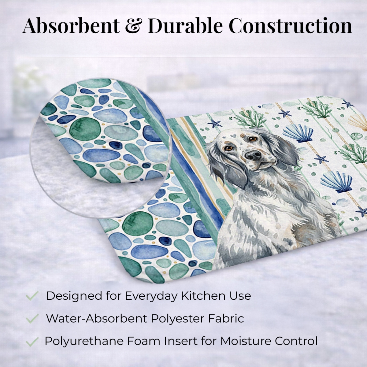 Picture of Carolines Treasures WDK7027DDM 21 x 14 in. Blue Belton English Setter Coastal Sea Glass Dish Drying Mat