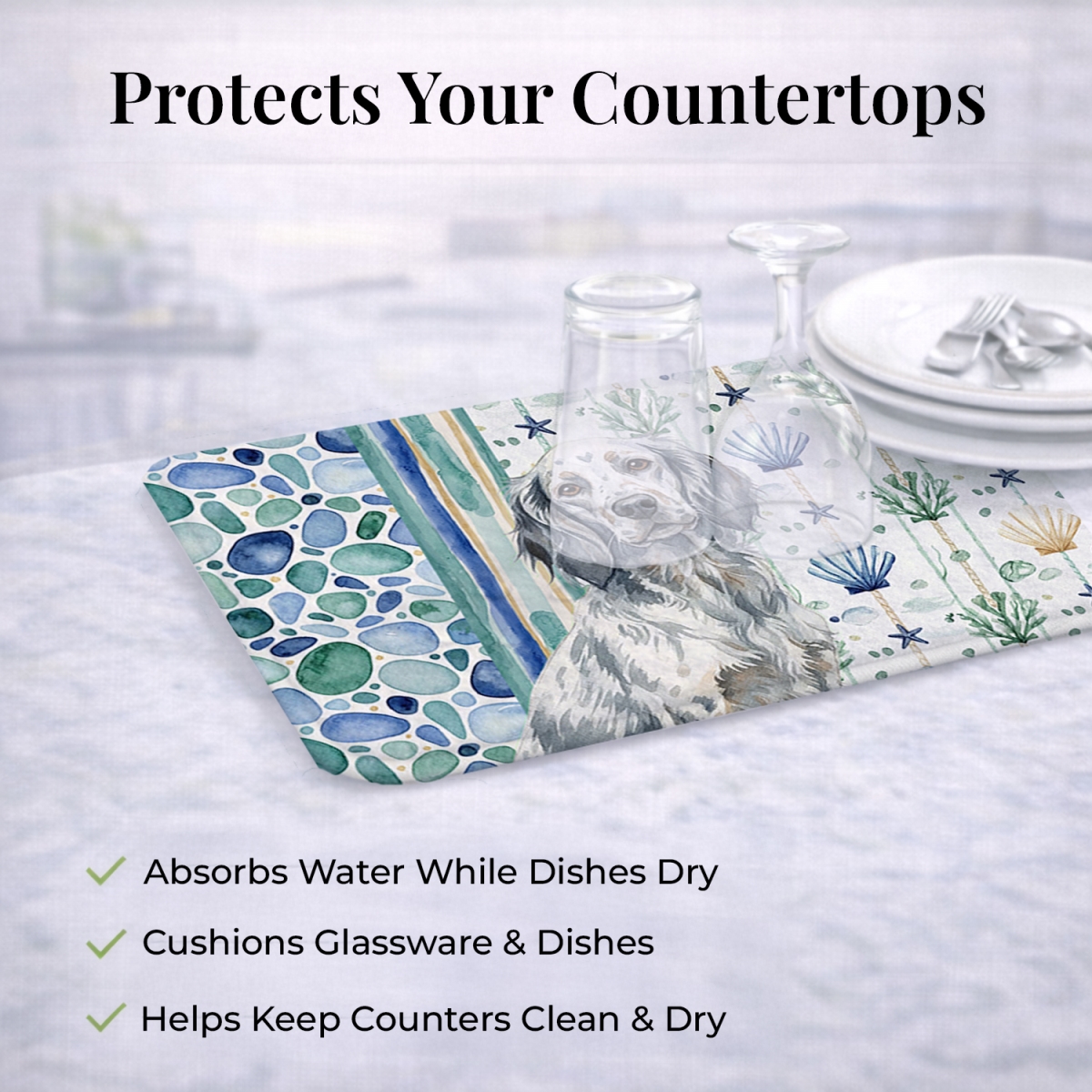 Picture of Carolines Treasures WDK7027DDM 21 x 14 in. Blue Belton English Setter Coastal Sea Glass Dish Drying Mat