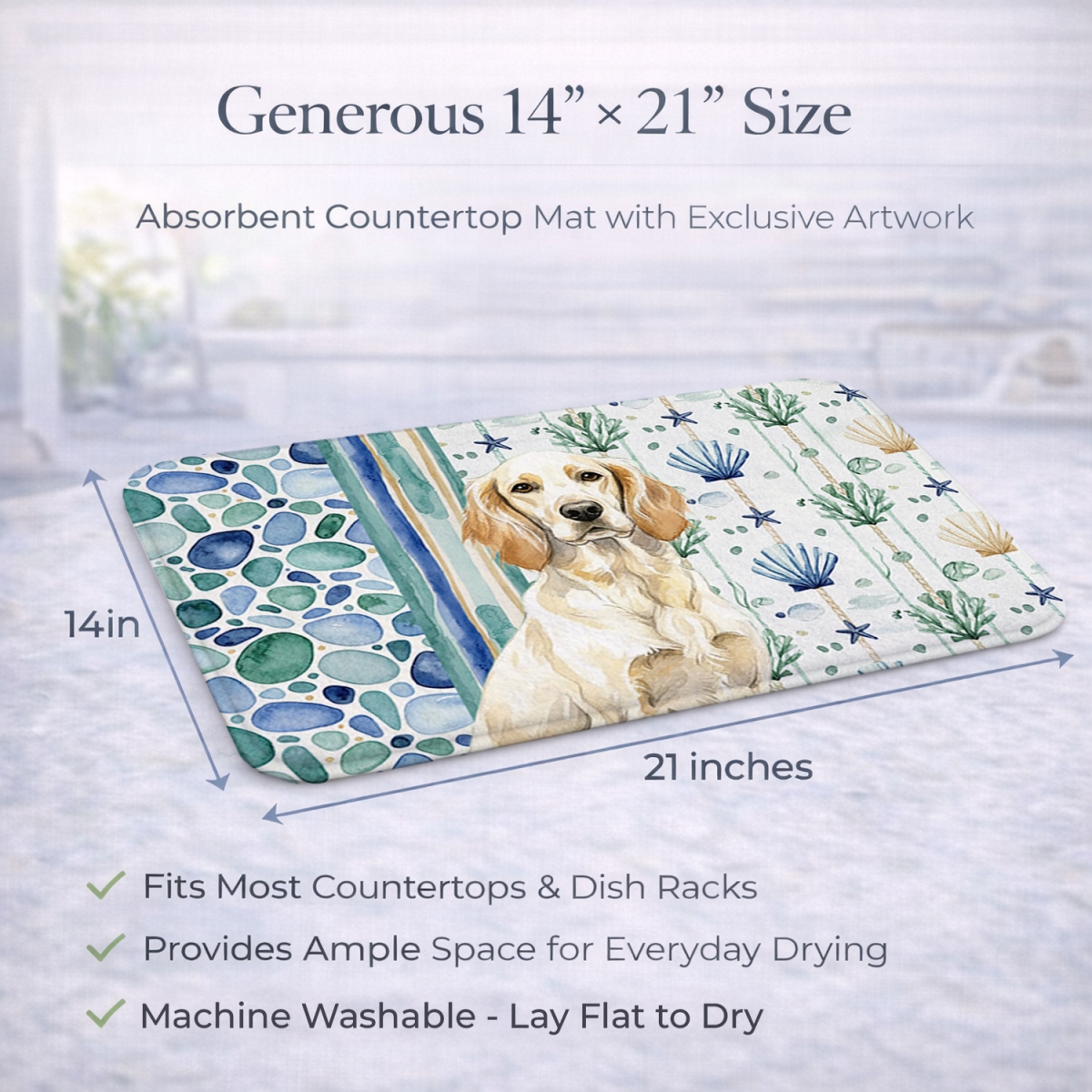 Picture of Carolines Treasures WDK7028DDM 21 x 14 in. Lemon Belton English Setter Coastal Sea Glass Dish Drying Mat