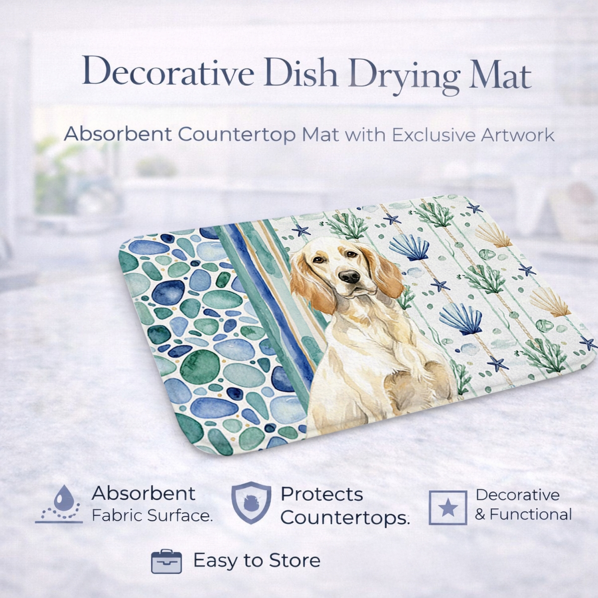 Picture of Carolines Treasures WDK7028DDM 21 x 14 in. Lemon Belton English Setter Coastal Sea Glass Dish Drying Mat
