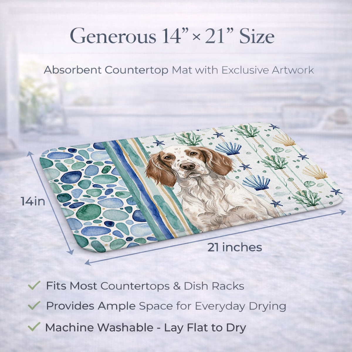 Picture of Carolines Treasures WDK7029DDM 21 x 14 in. Liver Belton English Setter Coastal Sea Glass Dish Drying Mat
