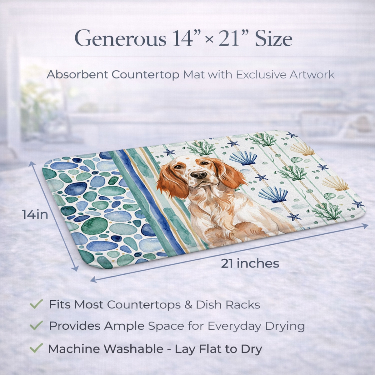 Picture of Carolines Treasures WDK7030DDM 21 x 14 in. Orange Belton English Setter Coastal Sea Glass Dish Drying Mat