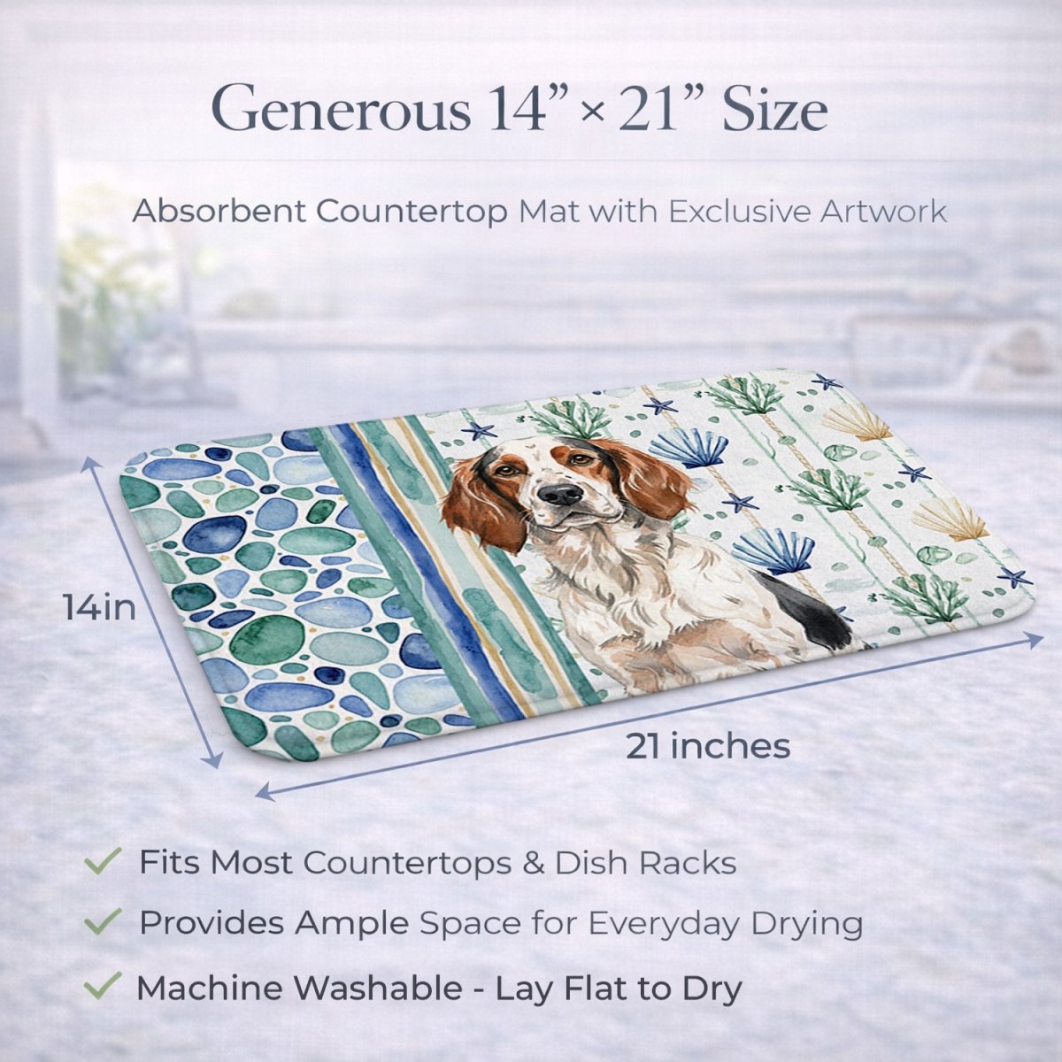 Picture of Carolines Treasures WDK7031DDM 21 x 14 in. Tricolor English Setter Coastal Sea Glass Dish Drying Mat