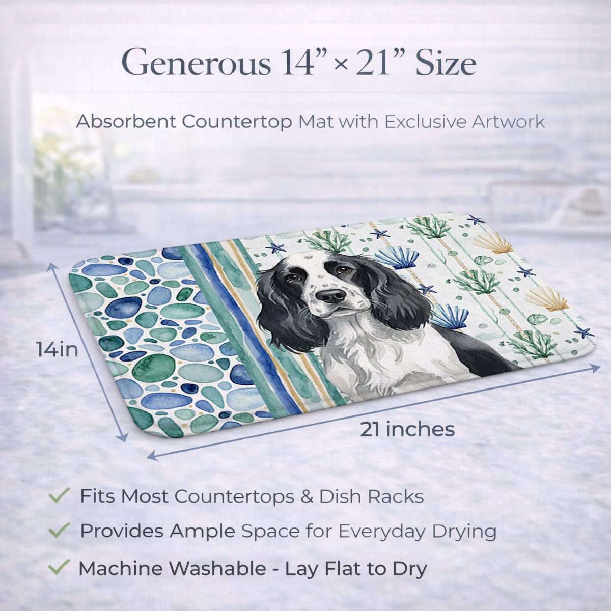 Picture of Carolines Treasures WDK7032DDM 21 x 14 in. Black & White English Springer Spaniel Coastal Sea Glass Dish Drying Mat